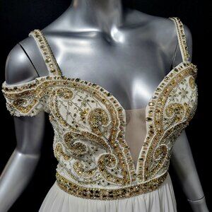 NWT~$565~ANGELA & ALISON~SZ 4~IVORY GOLD BEADED COLD SHOULDER PROM DRESS GOWN